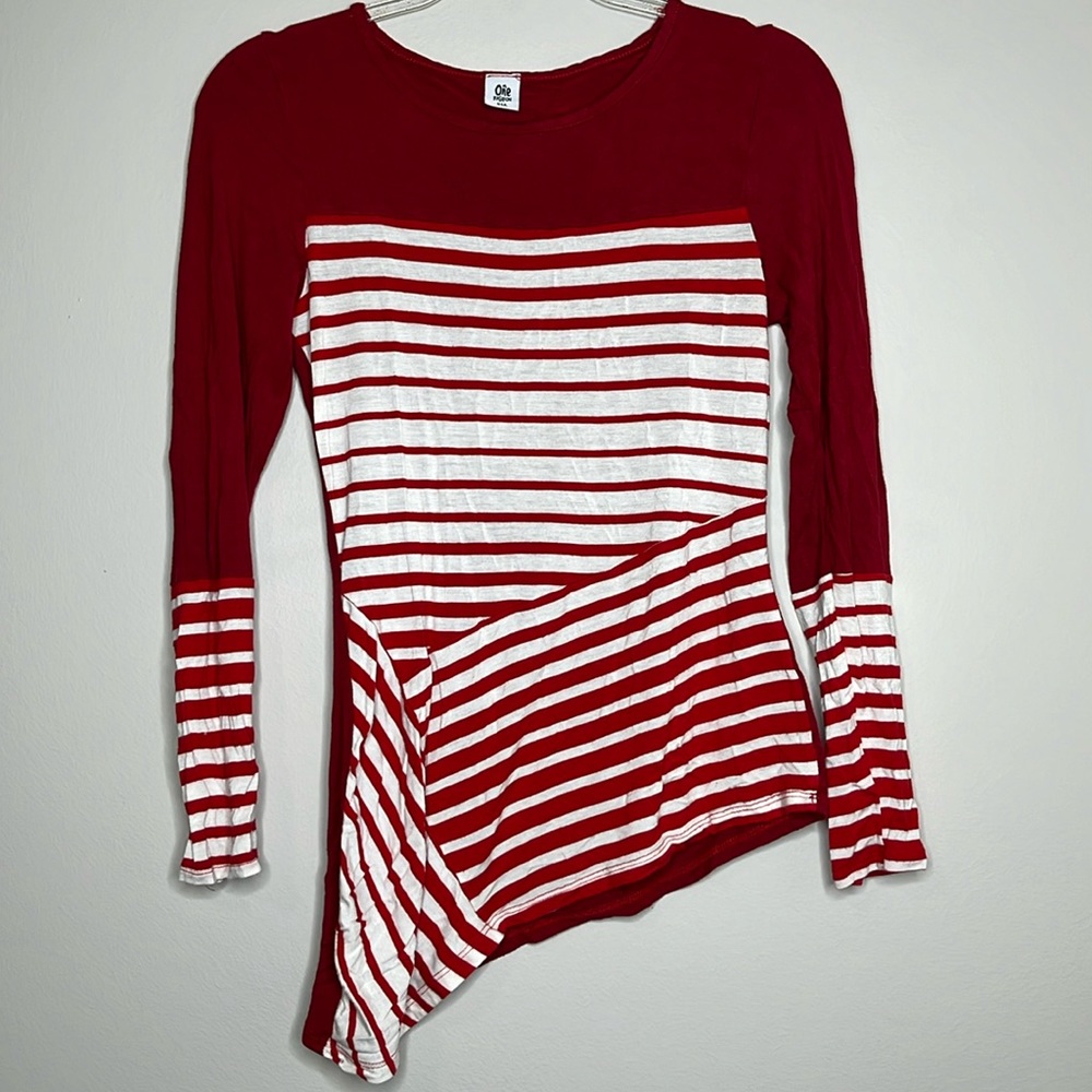 One fashion red striped asymmetrical hem blouse